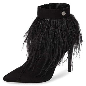 FSJ Black Fluffy Feather Tassel Ankle Boots Pointed Toe Stiletto High Heels Boot